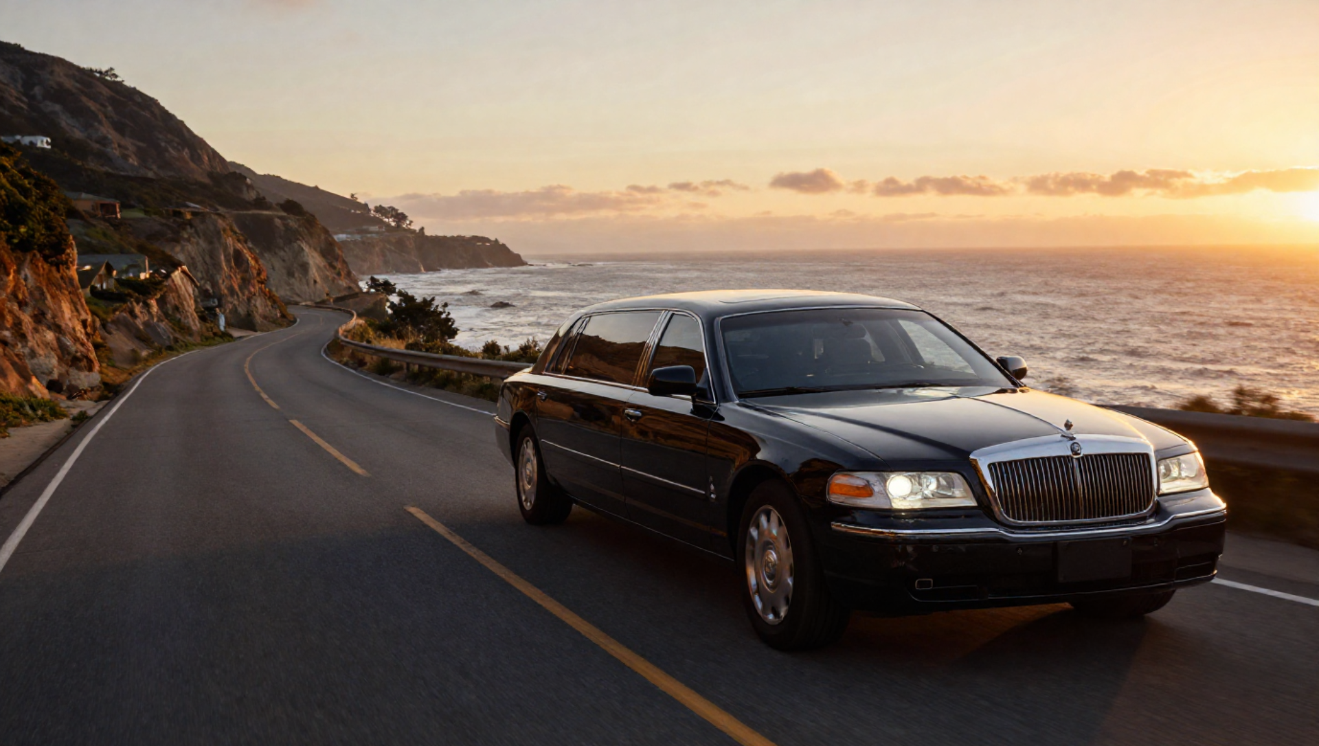 A man in a tuxedo pours champagne for a woman in a sparkly dress inside a limousine. They're smiling, celebrating.