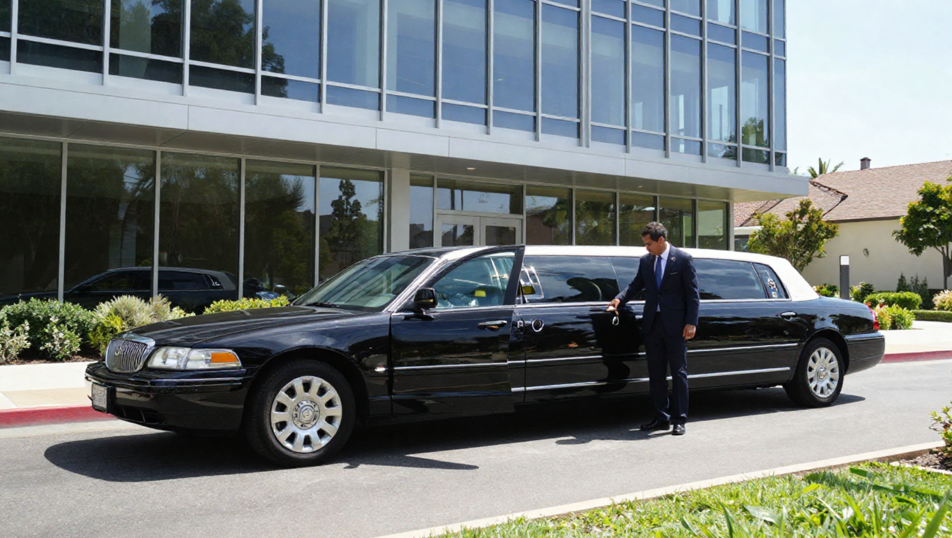 A man in a tuxedo pours champagne for a woman in a sparkly dress inside a limousine. They're smiling, celebrating.