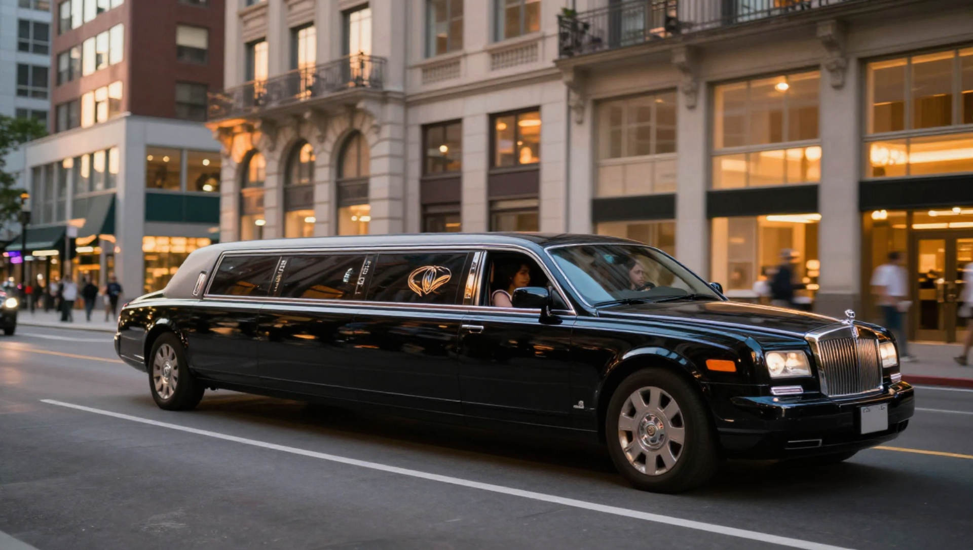 A man in a tuxedo pours champagne for a woman in a sparkly dress inside a limousine. They're smiling, celebrating.
