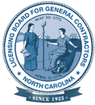 Seal for the North Carolina Licensing Board for General Contractors, featuring figures, dates, and text.