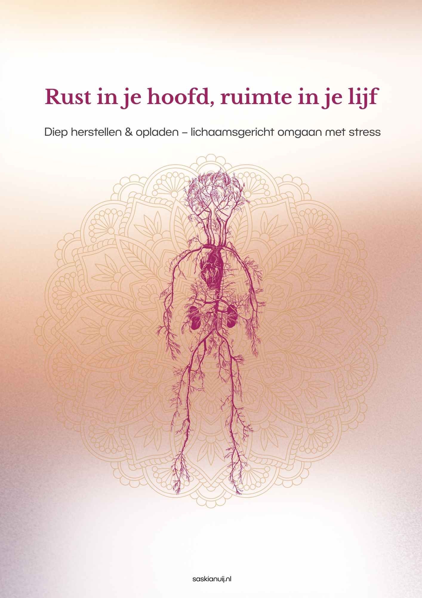 Cover with Dutch title “Rust in je hoofd, ruimte in je lijf” and a pink human silhouette on a pale background
