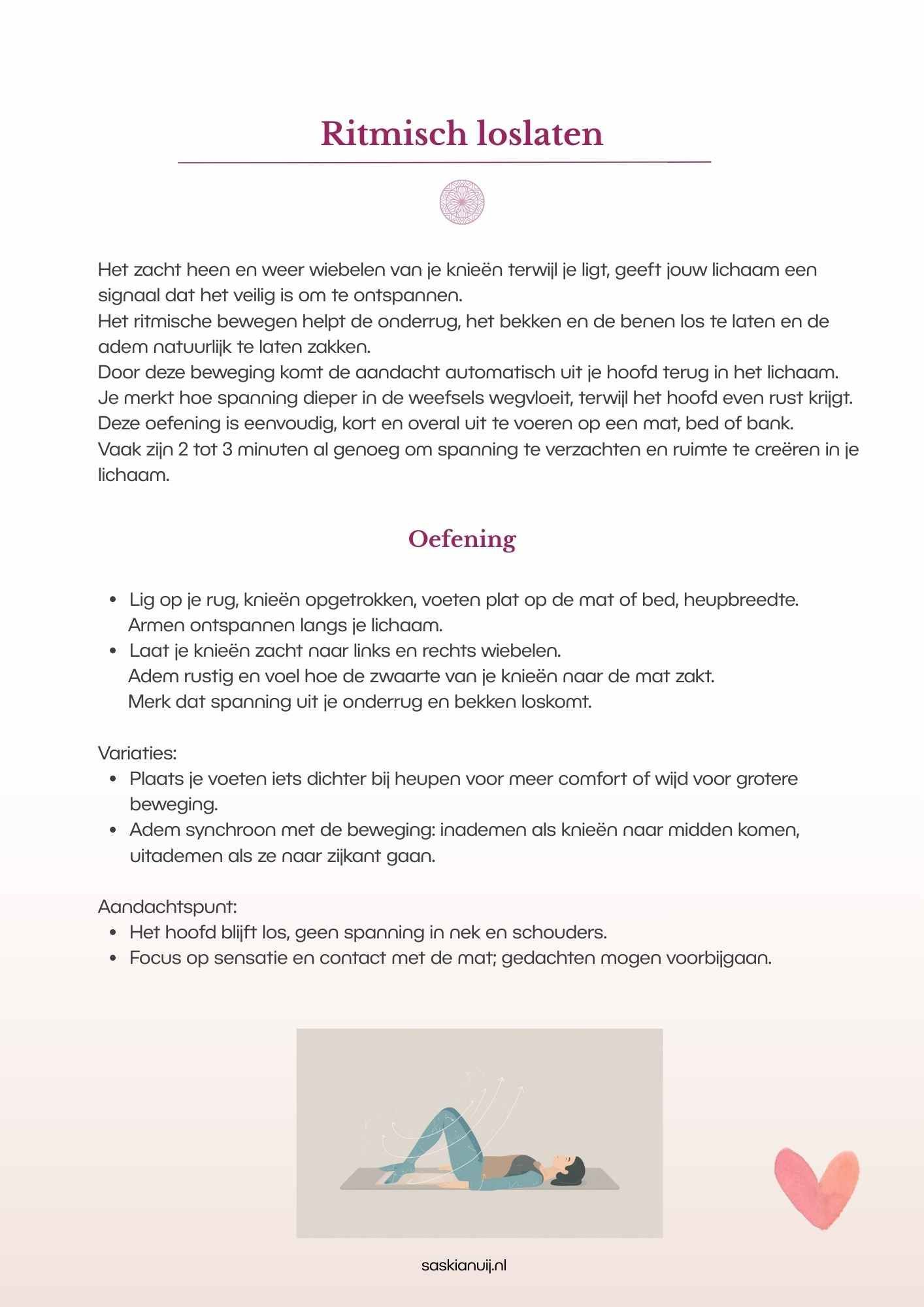 Cover with Dutch title “Rust in je hoofd, ruimte in je lijf” and a pink human silhouette on a pale background