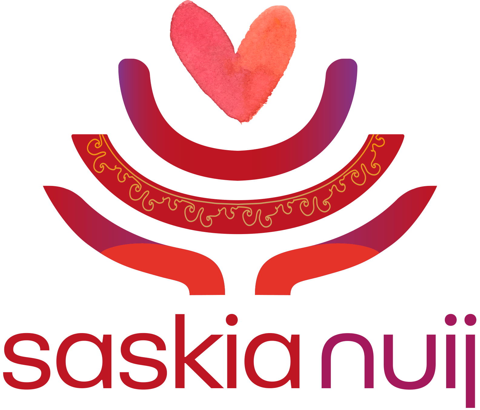 Het logo van Saskia Nuj bestaat uit een roze-rood hart en gestileerde rode bogen boven de naam.