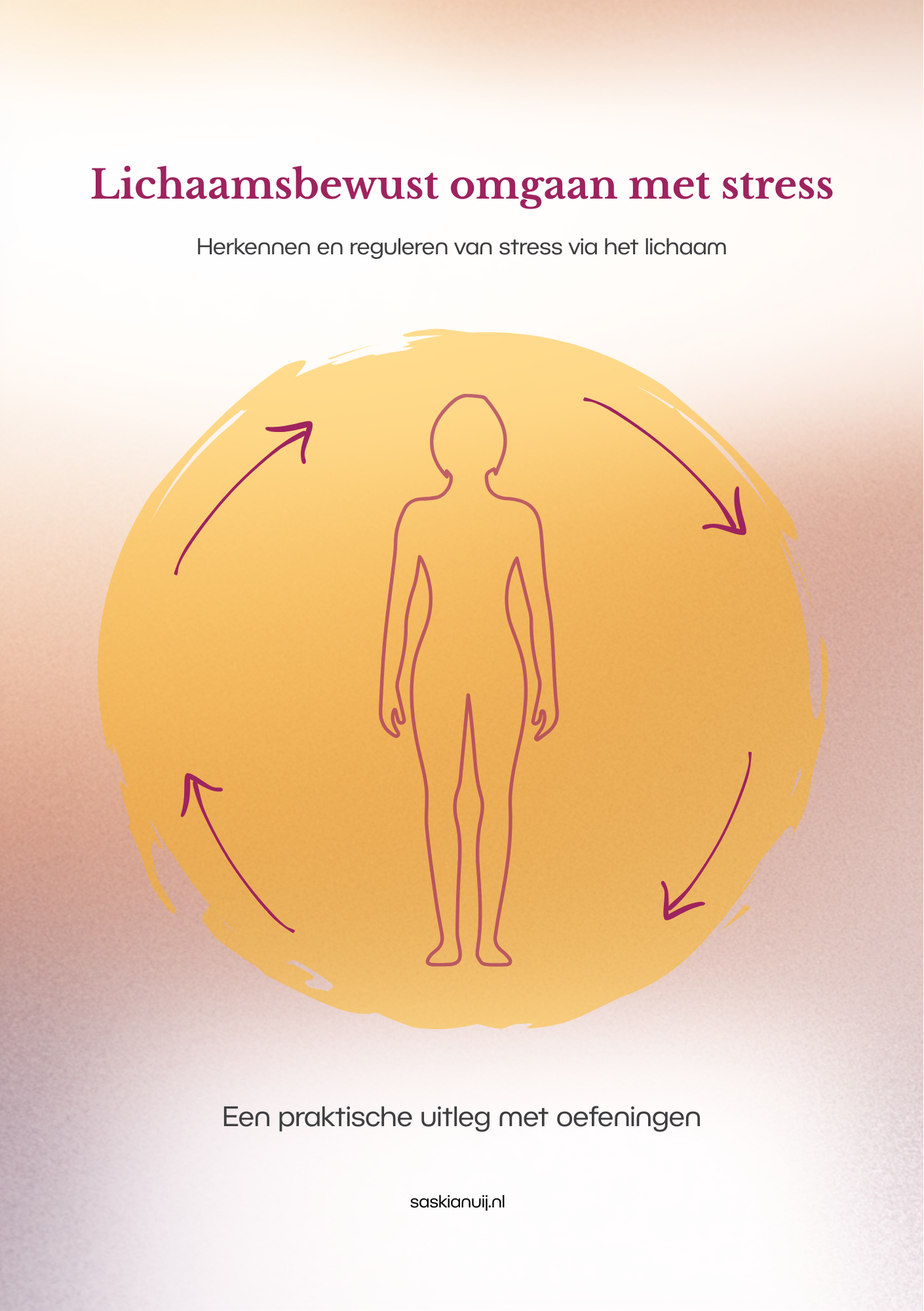 Poster met een menselijke omtrek in een gele cirkel en cirkelvormige pijlen op een perzikkleurige achtergrond, over stress en bewustzijn.