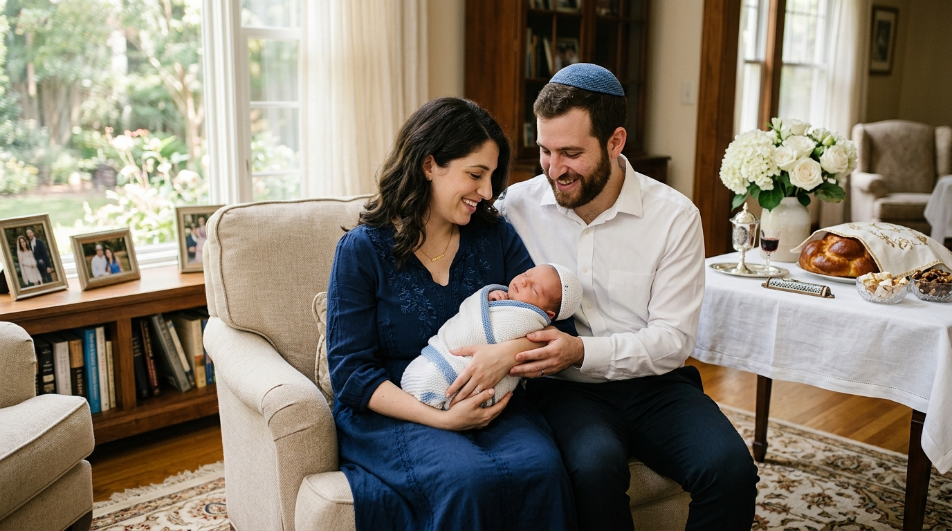 Couple sitting on a couch admiring a newborn baby in a bright living room