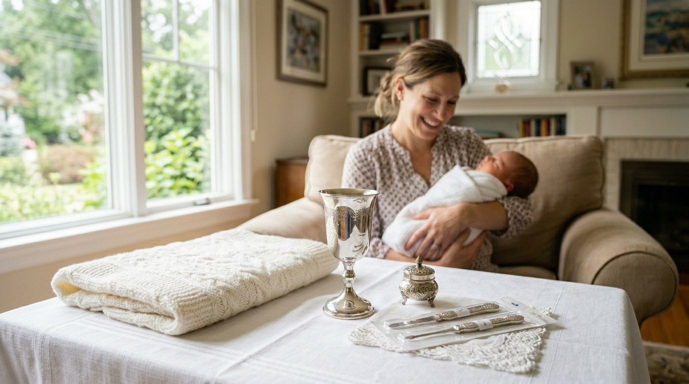 Woman smiling at a baby on a living room table beside a silver candlestick and folded white linens