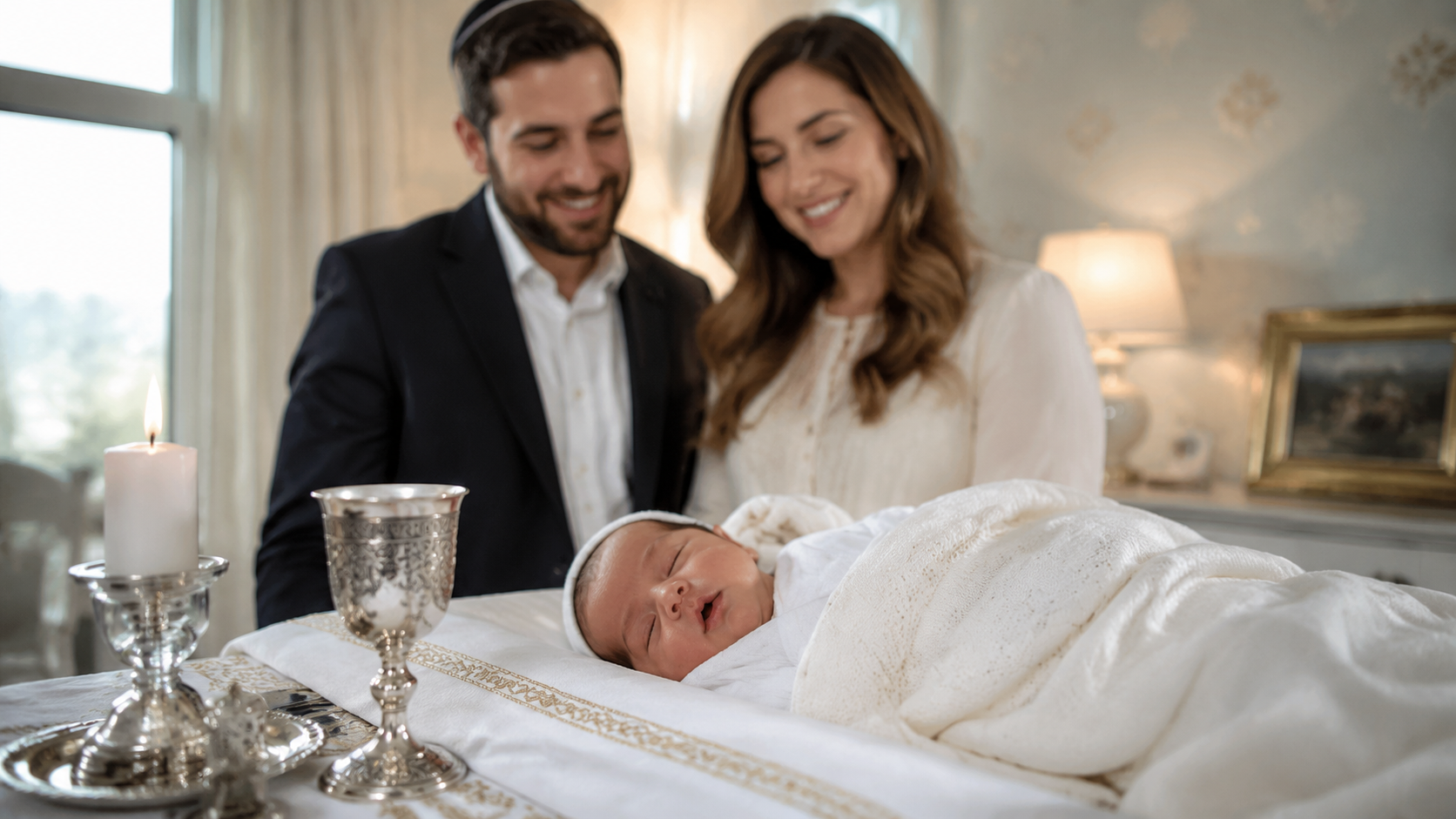 Couple smiling at a newborn wrapped in white blankets on a bed, with silver goblets nearby