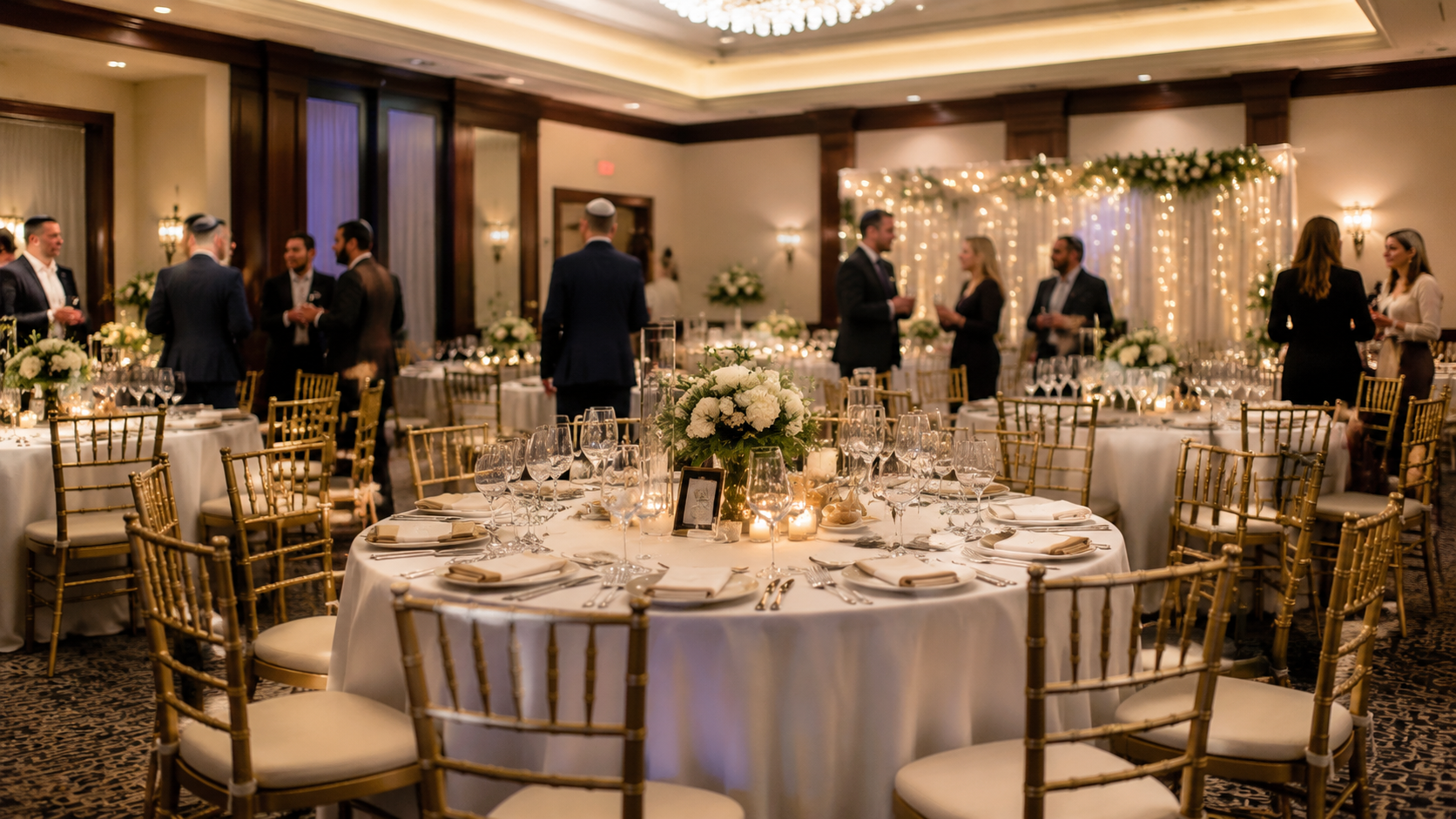Elegant banquet hall with round tables, gold chairs, and guests mingling under warm chandeliers
