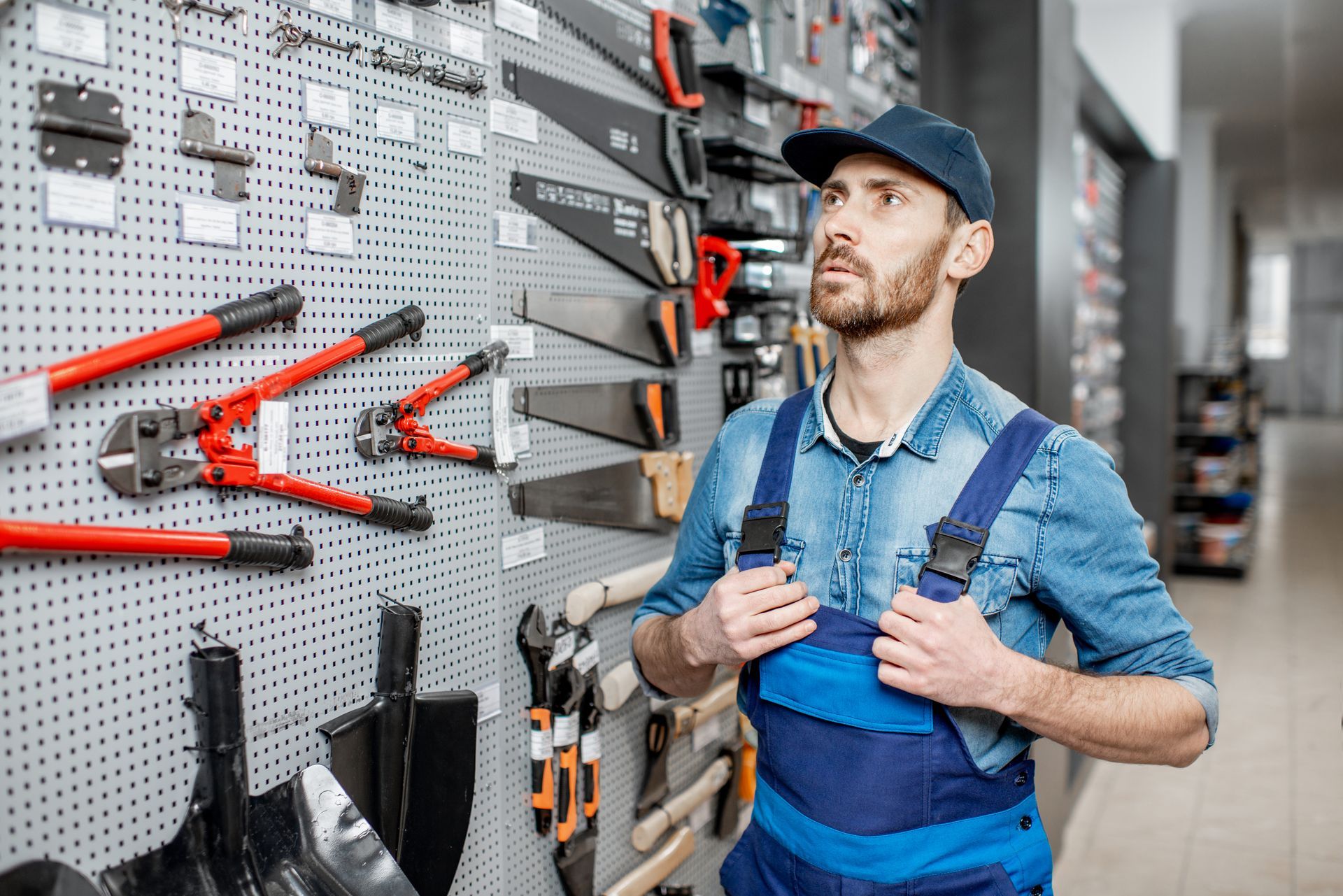 A TRADIE LOOKING AT TOOLS HUNG ON A WALL AT A SHOP.][