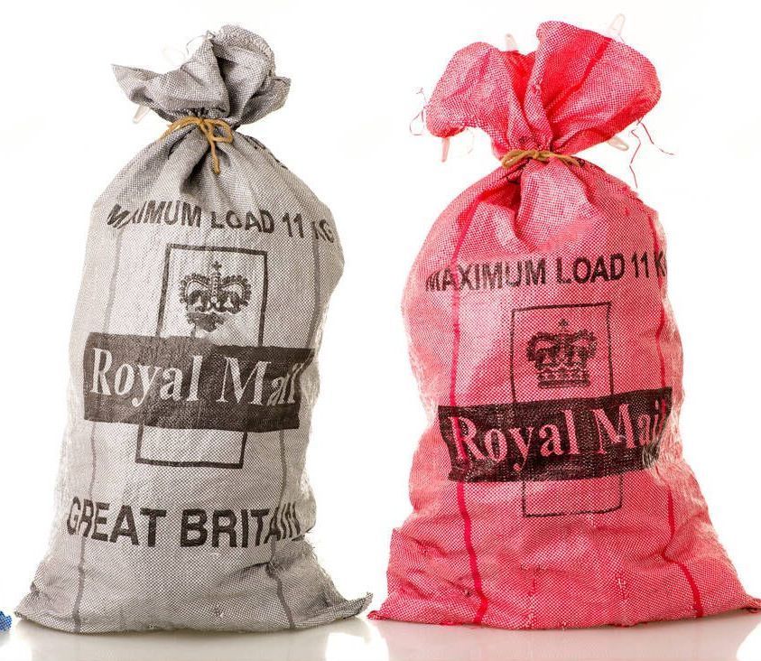 2 royal mail mailing sacks. one is grey and one is red
