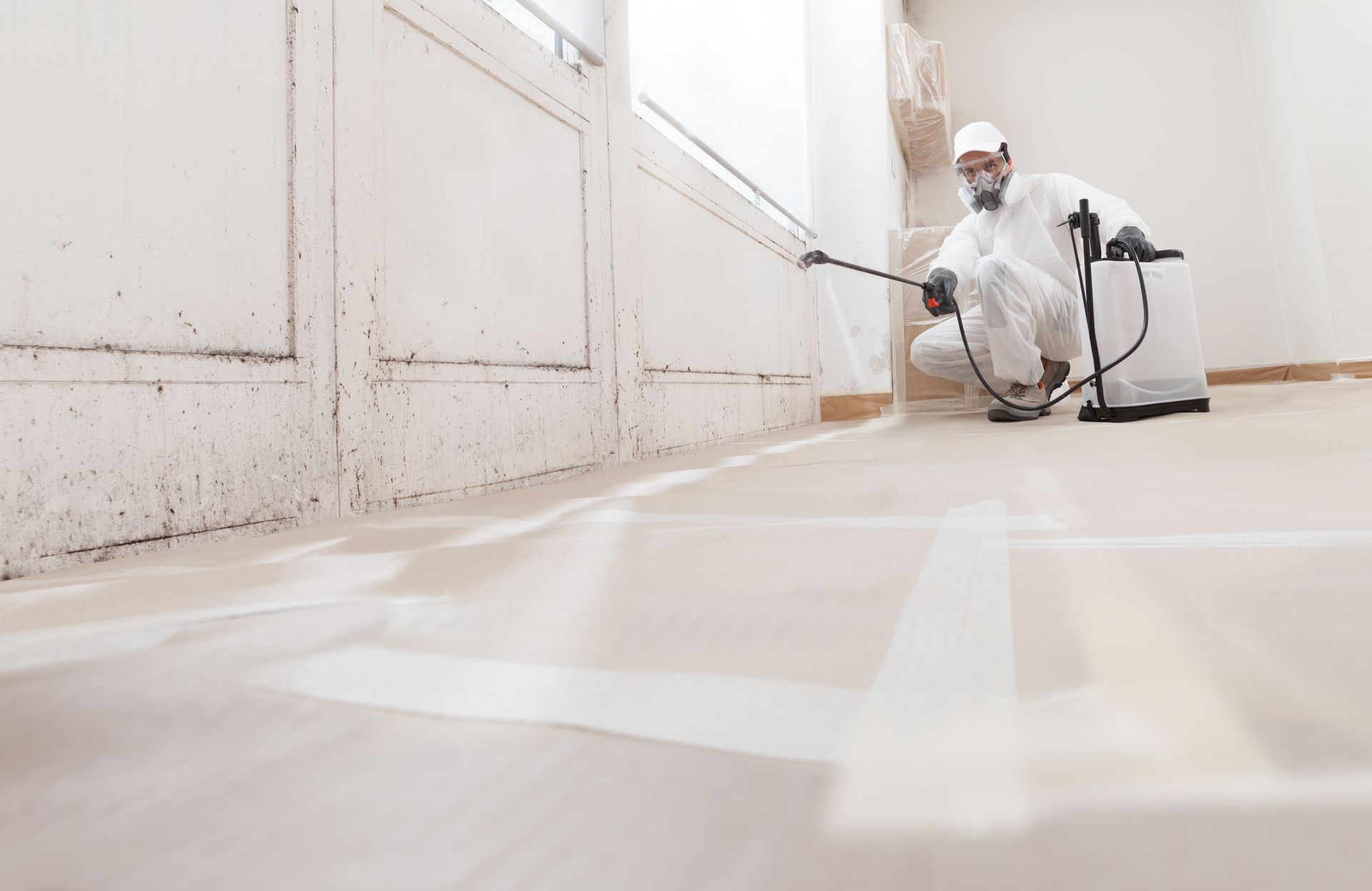 A man is spraying a room with a sprayer.