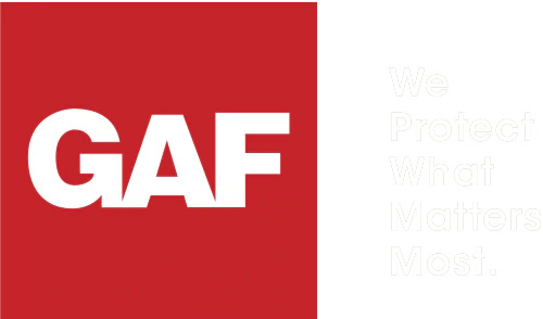 GAF logo on a red square with faint white tagline text on the right