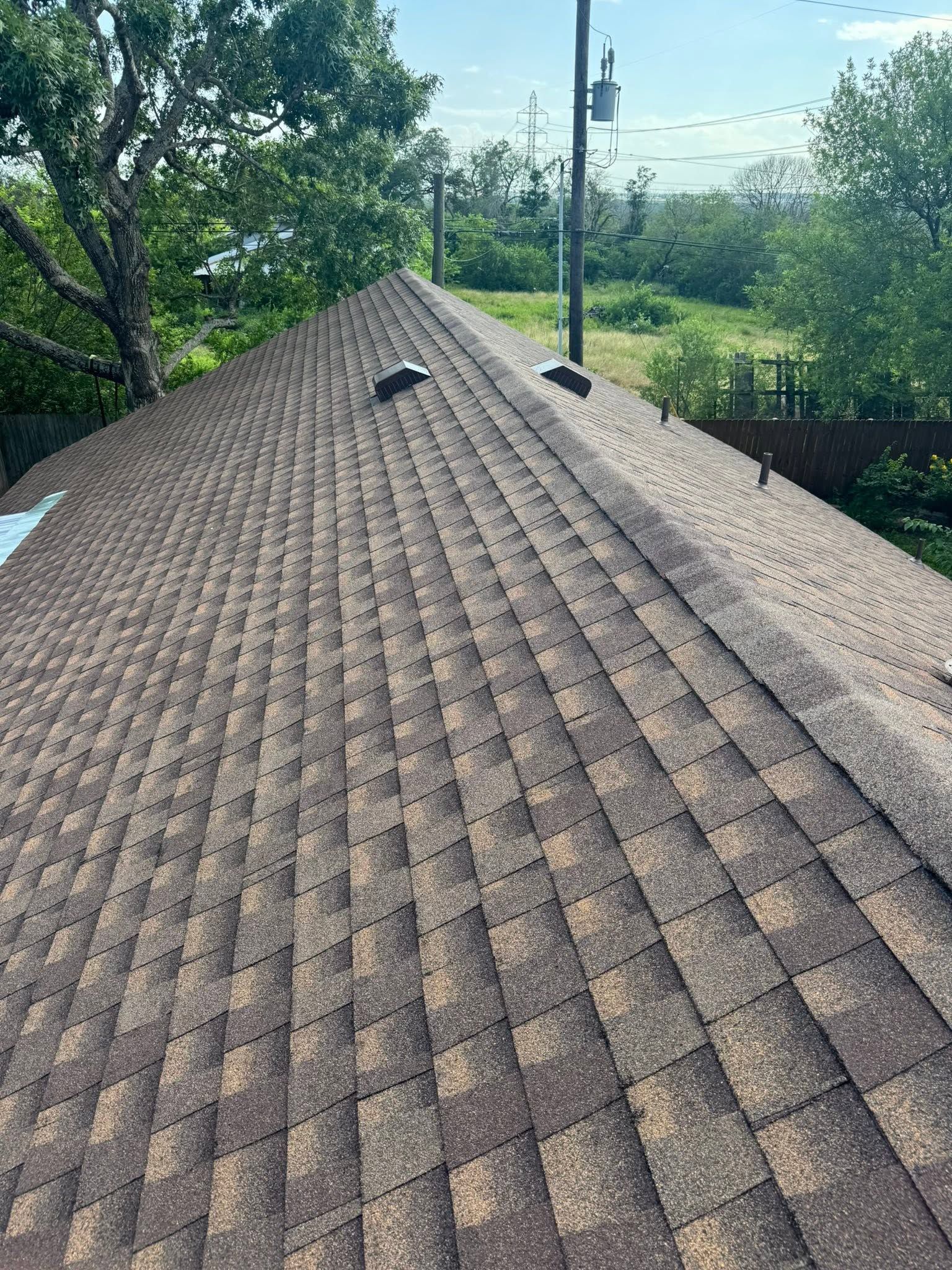 Brown shingled roof with a small vent, trees and a bright sky in the background