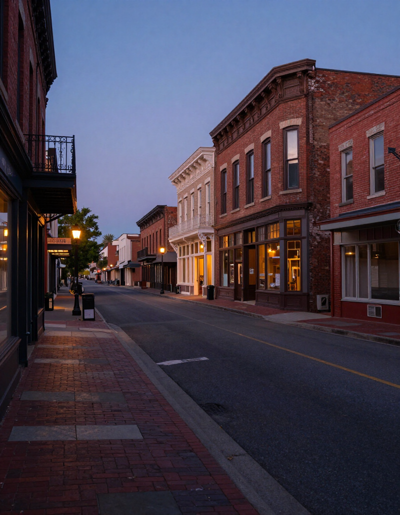 Historic downtown Nevada City at dusk