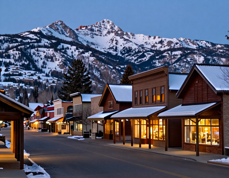 Historic downtown Truckee with snowy mountains behind