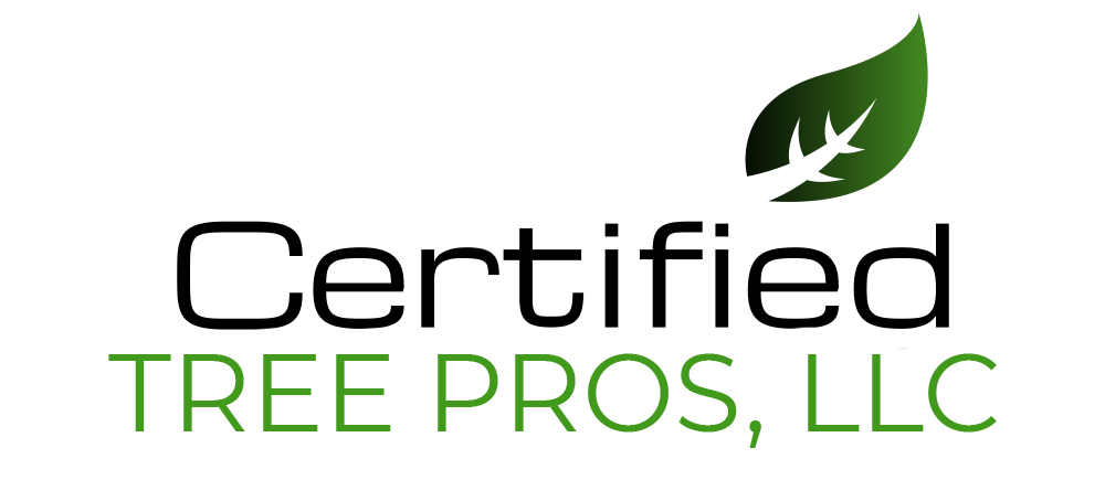 A logo for certified tree pros llc with a green leaf and a tree branch.