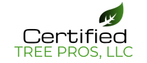 A logo for certified tree pros llc with a green leaf and a tree branch.