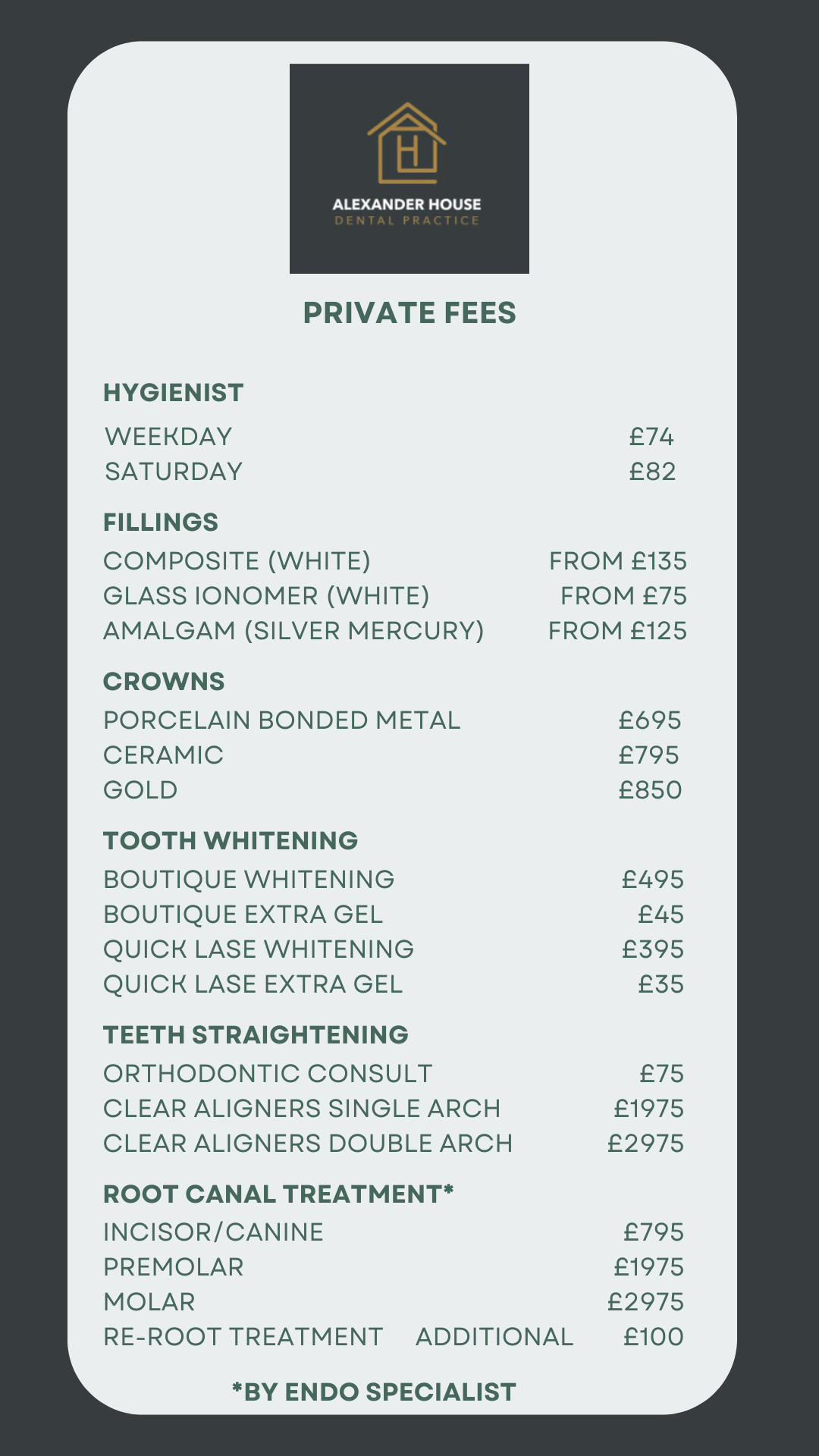 alexander house dental fees