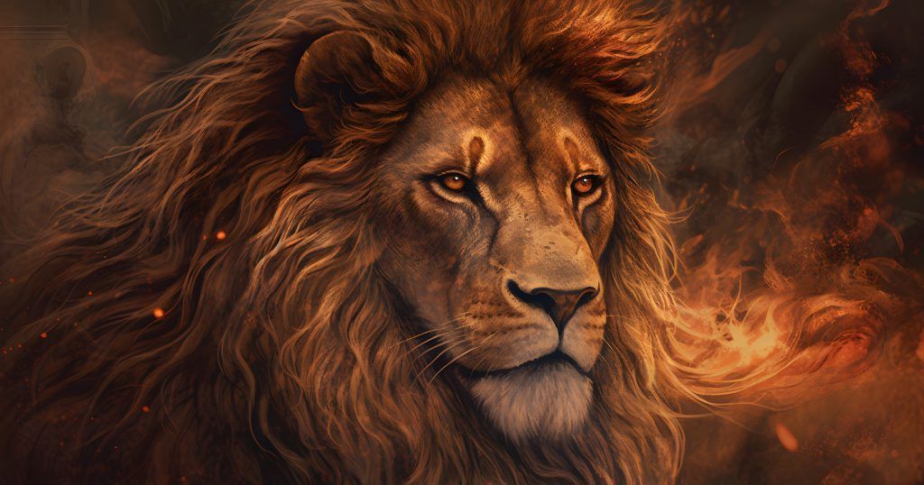 A lion with a long mane is standing in front of a fire.