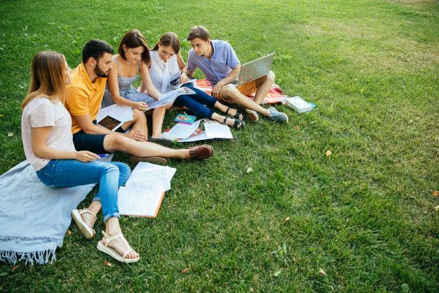 A group of young people are sitting on the grass in a park.