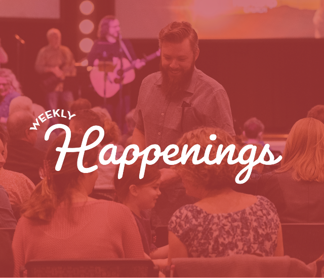 A group of people sitting in front of a sign that says weekly happenings