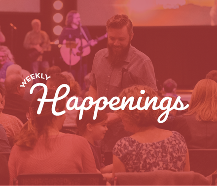 A group of people sitting in front of a sign that says weekly happenings
