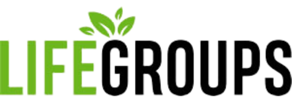 A logo for life groups with a green leaf in the middle.