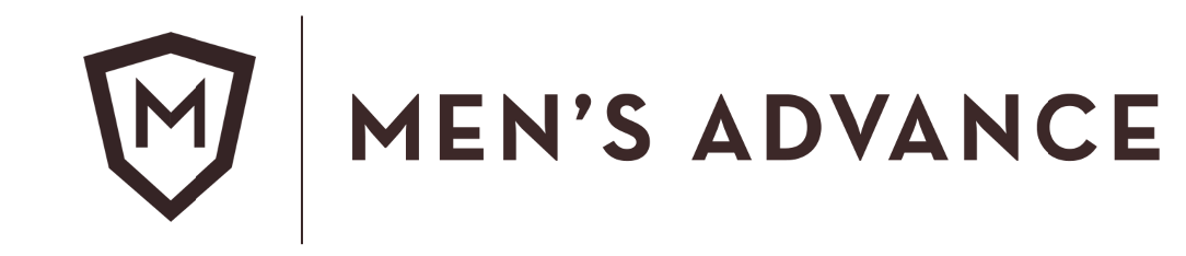 A logo for men 's advance with a shield on a white background.
