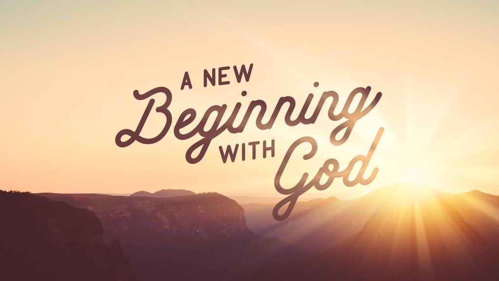 A picture of a sunset with the words `` a new beginning with god '' written on it.