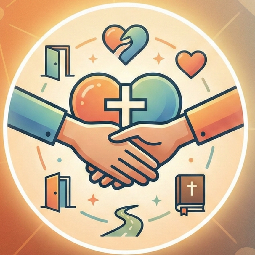 Two hands shaking over a split heart with a cross, surrounded by icons of doors, a book, and a path in a circular frame.