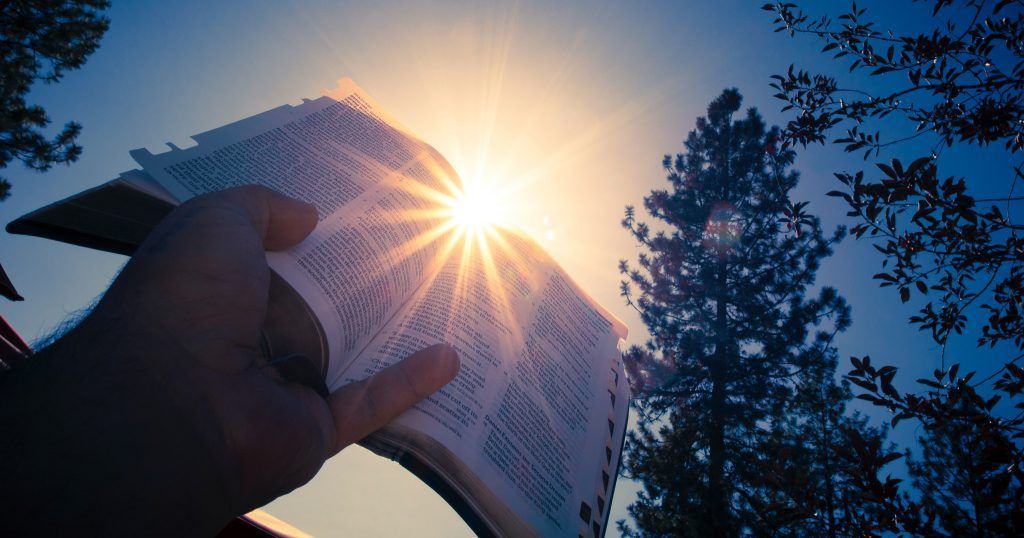 A person is holding a bible with the sun shining through it.