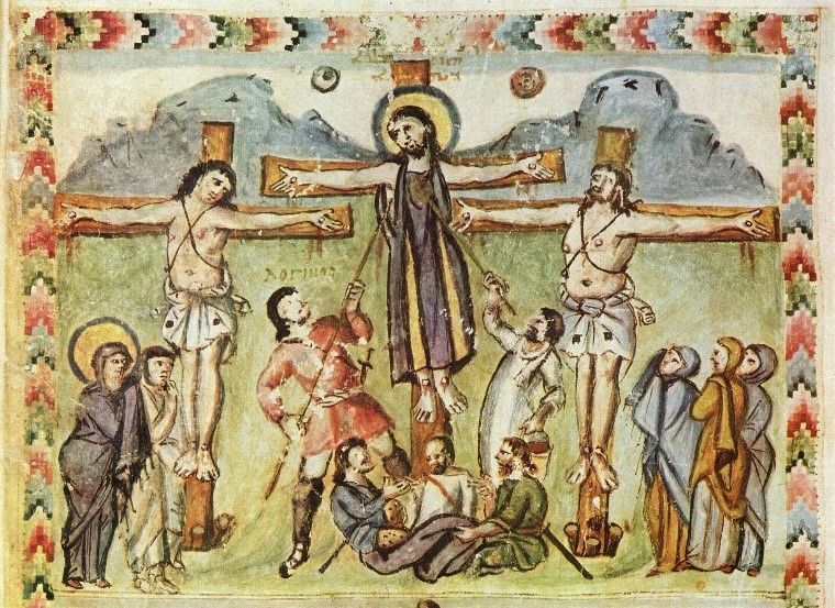 A painting of jesus on the cross surrounded by people