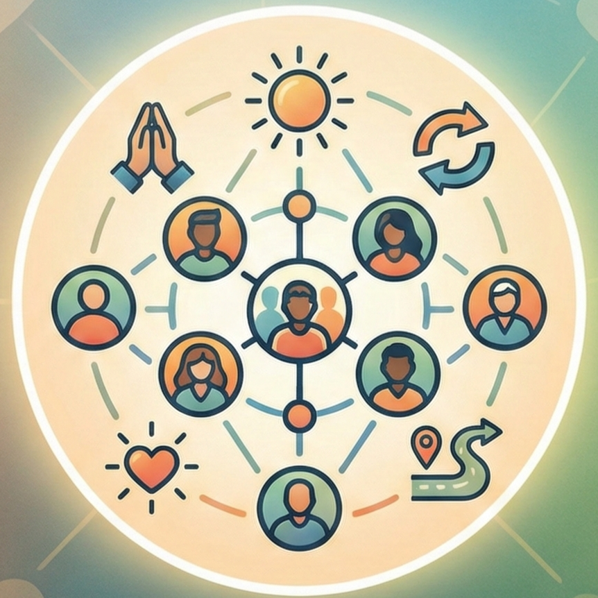 An illustration of a central network of people connected by lines, surrounded by icons of the sun, path, heart, and prayer.
