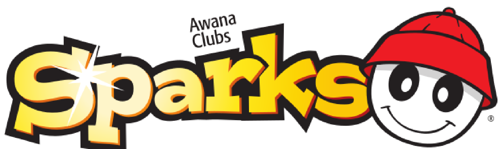 A logo for sparks awana clubs with a cartoon character wearing a red hat