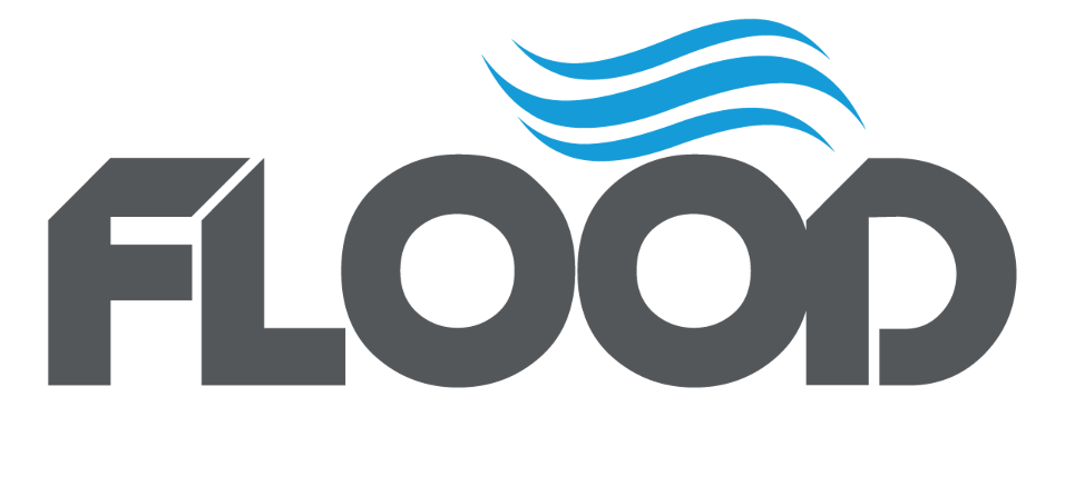A logo for flood with a blue wave on it.