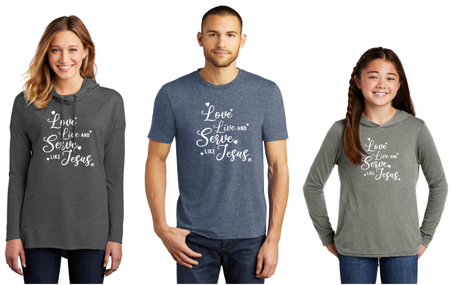 A man , a woman and a girl are wearing matching shirts.