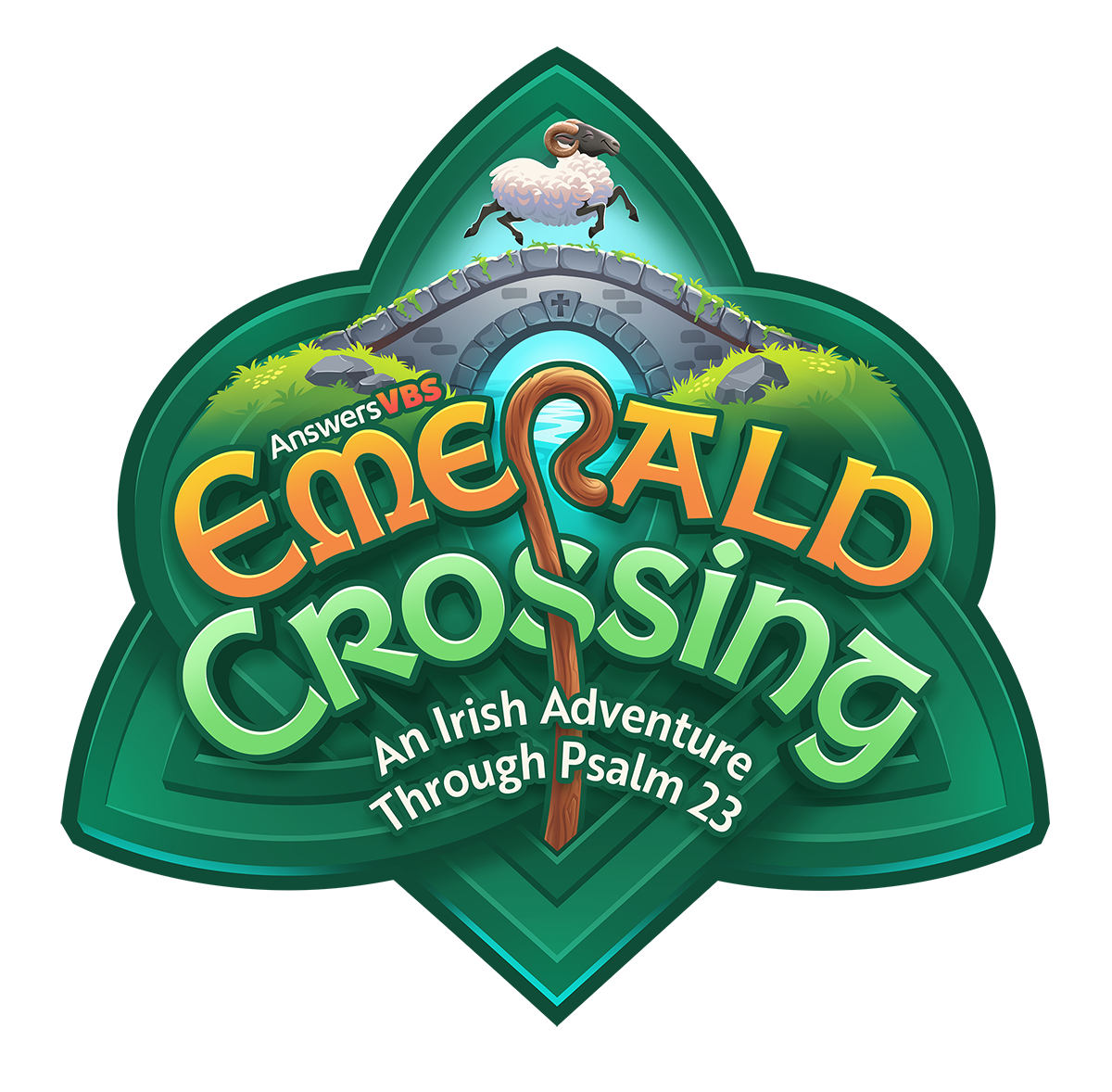 Logo for Emerald Crossing VBS featuring a shepherd’s crook, a sheep on a stone bridge, and green Celtic-inspired shapes.