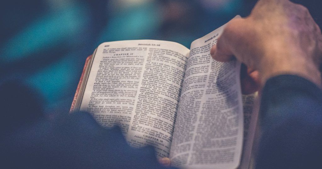 A person is holding an open bible in their hands.