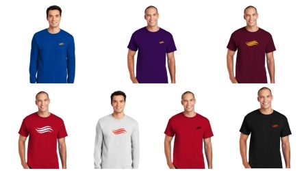 A group of men wearing different colored t-shirts