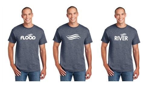 Three men wearing t-shirts that say flood and river