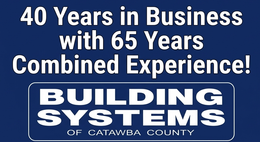 Blue ad reading “40 Years in Business with 65 Years Combined Experience!” for Building Systems of Catawba County