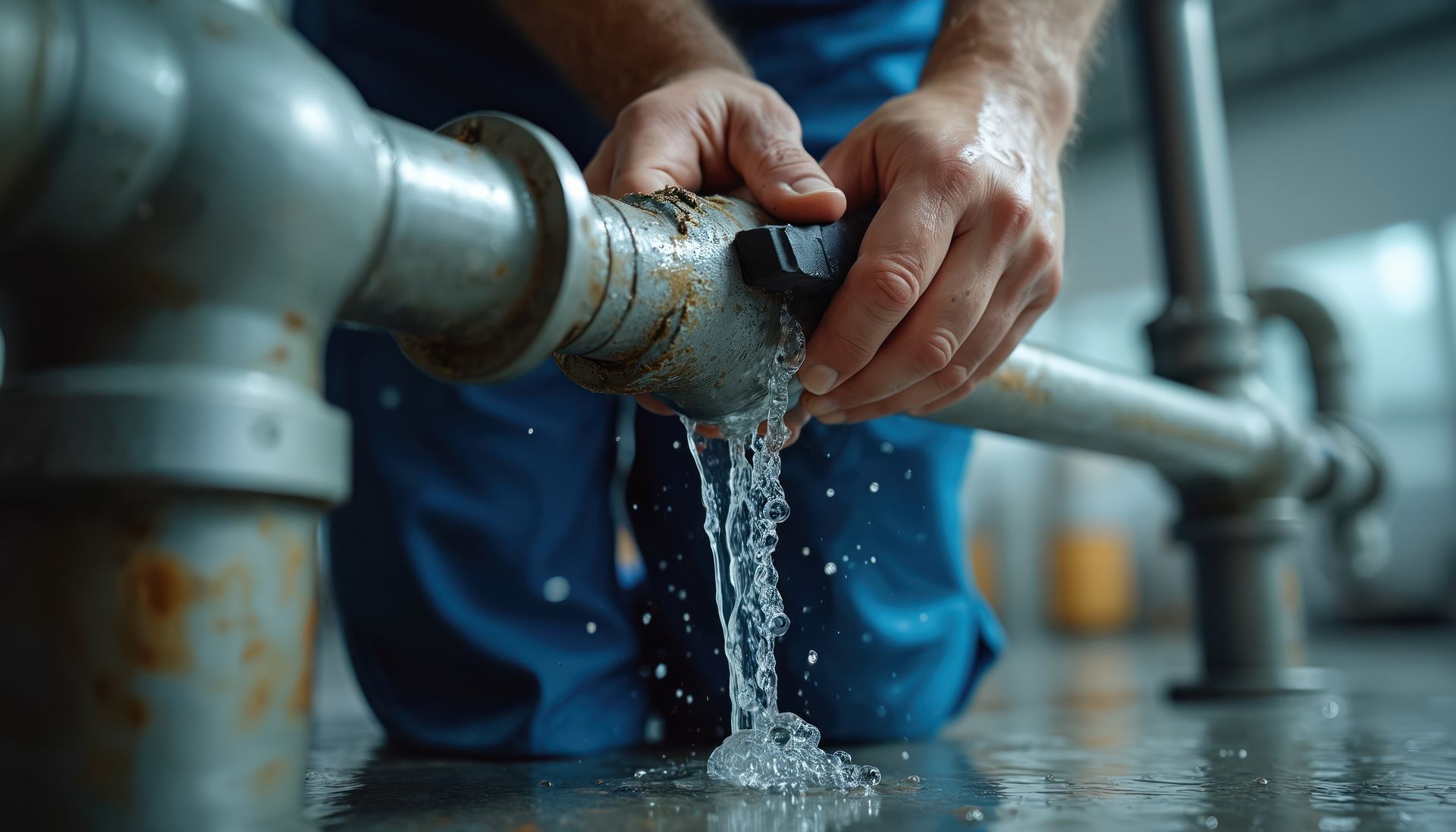 Professional plumber at work. Man fixes damaged pipe with water leak. Professional plumber at work. Man fixes damaged pipe with water leak.