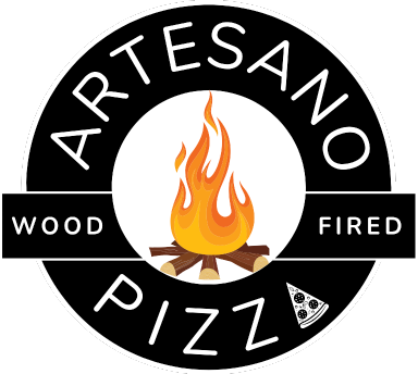 Logo for Artesano Pizza. Black circle with text and pizza slice icons; central fire graphic.