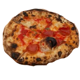 Neapolitan pizza with charred crust and tomato sauce, sliced into portions.