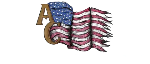 Decorative letter A and C with a waving American flag in red, white, and blue.