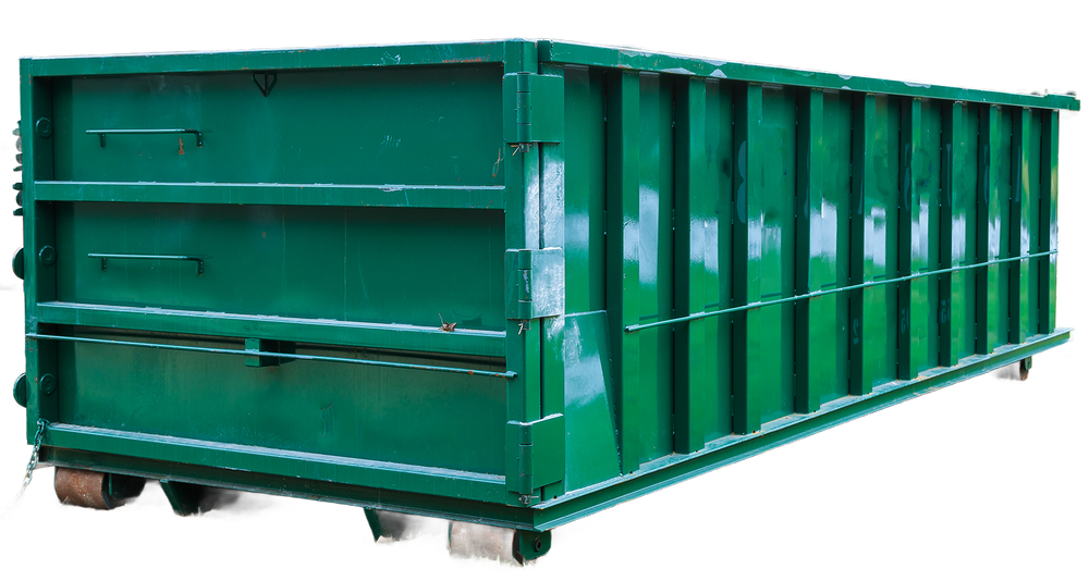 Green industrial dumpster container on a white background
