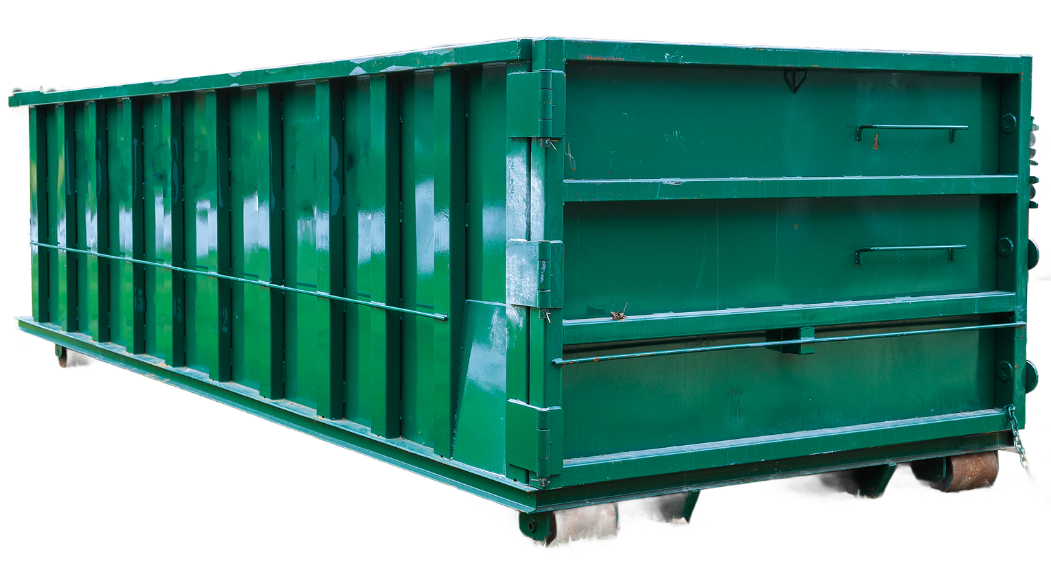 Green industrial dumpster container on a white background