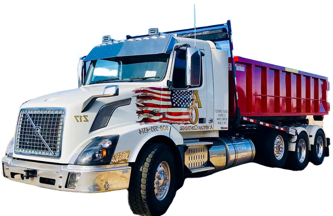 White dump truck with red bed and canopy, shown in side view.