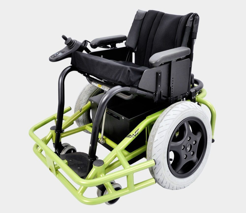 Green electric wheelchair with black seat, joystick, and white tires.
