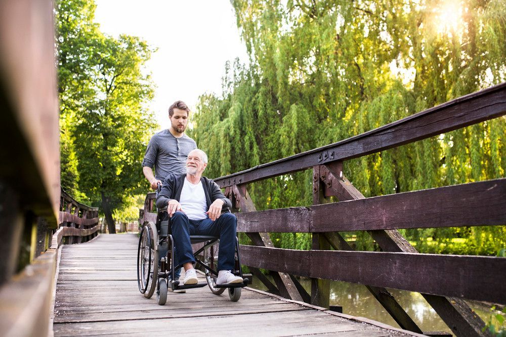 young man pushing older man in wheelchair while walking across a bridge — Mogo Wheelchairs